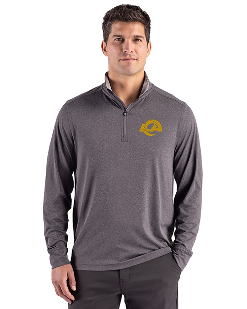Los Angeles Rams- Cutter & Buck Forge Recycled Four-Way Stretch Mens Quarter Zip Pullover Dark Black Heather Front
