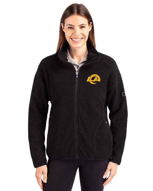 Los Angeles Rams- Cutter & Buck Cascade Epic Comfort Recycled Sherpa Fleece Womens Full Zip Jacket Black Front