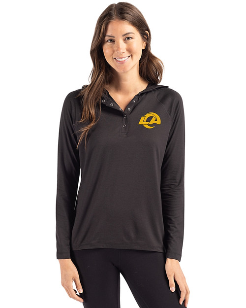 Los Angeles Rams- Cutter & Buck Coastline Recycled Double Peached Womens Hooded Pullover Black Front