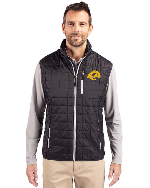 Los Angeles Rams- Cutter & Buck Rainier Recycled Insulated Puffer Mens Big & Tall Full Zip Vest Black Front