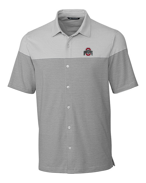 Ohio State Buckeyes- Cutter & Buck Pioneer Engineered Mens Stripe Button Front Polished Medium Gray Mannequin