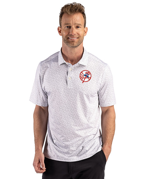 New York Yankees Cooperstown Cutter & Buck Pike Recycled Fern Print Mens Big & Tall Polo Polished Medium Gray Front
