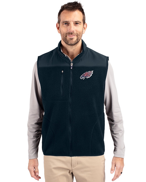Philadelphia Eagles Americana - Cutter & Buck Cascade Epic Comfort Recycled Sherpa Fleece Mens Full Zip Vest Navy Blue Front