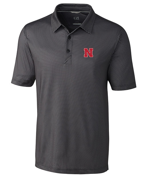 Nebraska Cornhuskers Cutter & Buck Pike Mini Pennant Print Stretch Mens Polo Black Mannequin