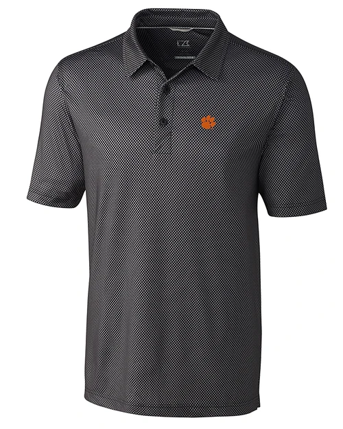 Clemson Tigers Cutter & Buck Pike Mini Pennant Print Stretch Mens Polo Black Mannequin
