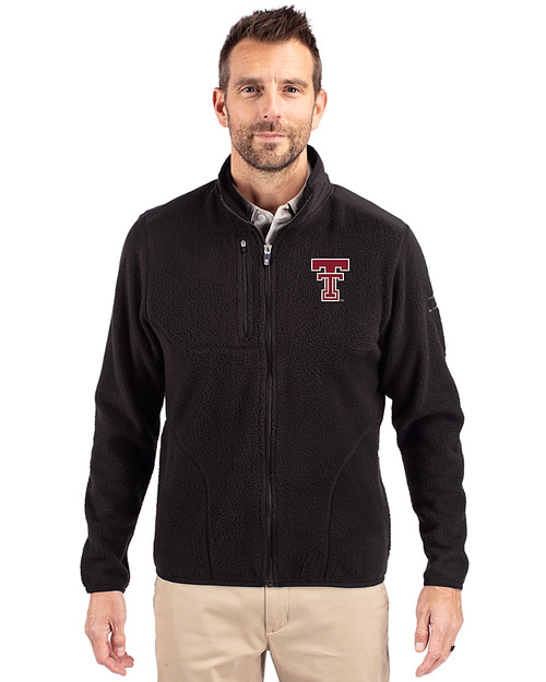 Texas Tech Red Raiders Cutter & Buck Cascade Epic Comfort Recycled Sherpa Fleece Mens Full Zip Jacket Black Front