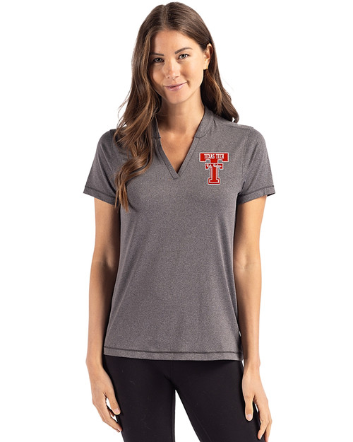 Texas Tech Red Raiders College Vault Cutter & Buck Forge Recycled Four-Way Stretch Heathered Womens Blade Top Dark Black Heather Front