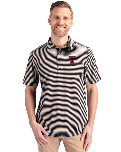 Texas Tech Red Raiders Alumni Cutter & Buck Virtue Recycled Stripe Featherlight Pique Mens Big & Tall Polo Black Front