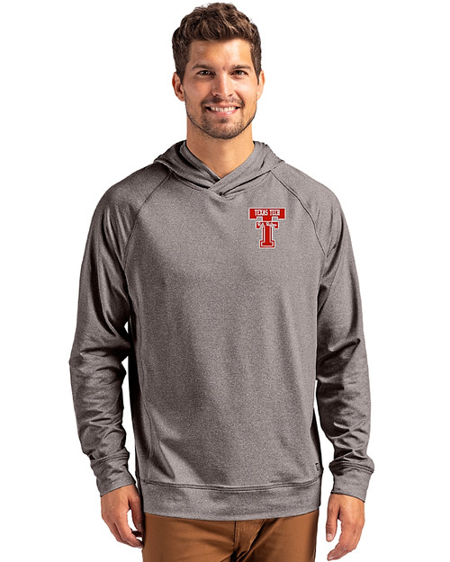 Texas Tech Red Raiders College Vault Cutter & Buck Adapt Recycled Soft Knit Stretch Mens Heathered Hooded Pullover Black Heather Front