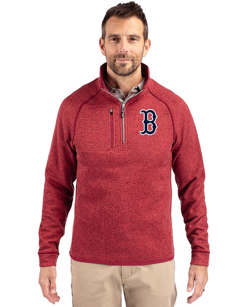 Boston Red Sox Cutter & Buck Mainsail Sweater-Knit Mens Half Zip Pullover Jacket Cardinal Red Heather Front