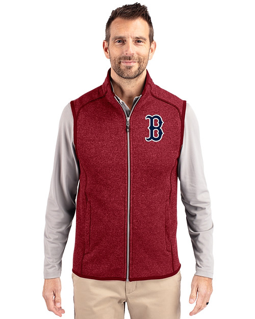 Boston Red Sox Cutter & Buck Mainsail Sweater-Knit Mens Full Zip Vest Cardinal Red Heather Front