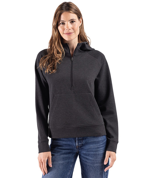 Cutter & Buck Drift Epic Versatility Recycled Textured Knit Womens Half Zip Hooded Pullover Black Front