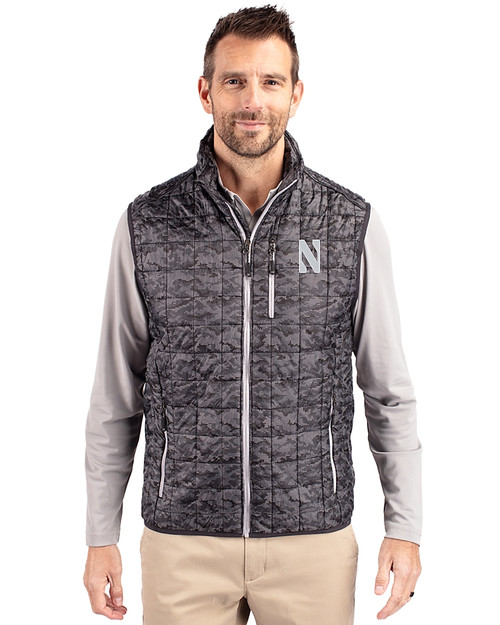 Northwestern Wildcats- Cutter & Buck Rainier Recycled Insulated Printed Puffer Mens Full Zip Vest Black Front