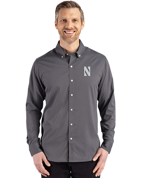 Northwestern Wildcats- Cutter & Buck Skyline Recycled Gingham Mens Long Sleeve Button Down Dress Shirt Black/Elemental Grey Front