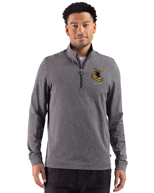 Pittsburgh Steelers Historic 91���� Adapt Recycled Soft Knit Stripe Mens Quarter Zip Pullover Black Heather Front