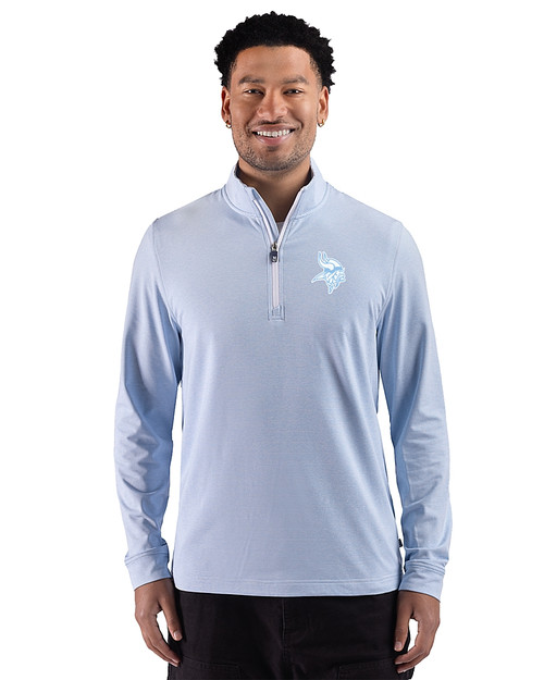 Minnesota Vikings Monochromatic Cutter & Buck Adapt Recycled Soft Knit Stripe Mens Quarter Zip Pullover  Atlas Heather/White Front