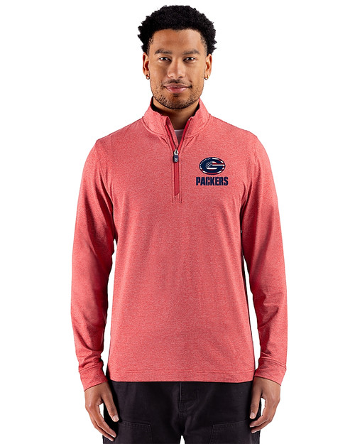 Green Bay Packers Americana 91���� Adapt Recycled Soft Knit Stripe Mens Quarter Zip Pullover Cardinal Red Heather Front