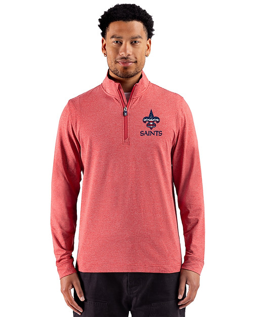 New Orleans Saints Americana 91���� Adapt Recycled Soft Knit Stripe Mens Quarter Zip Pullover Cardinal Red Heather Front