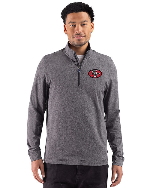San Francisco 49ers Historic Cutter & Buck Adapt Recycled Soft Knit Stripe Mens Big & Tall Quarter Zip Pullover Black Heather Front
