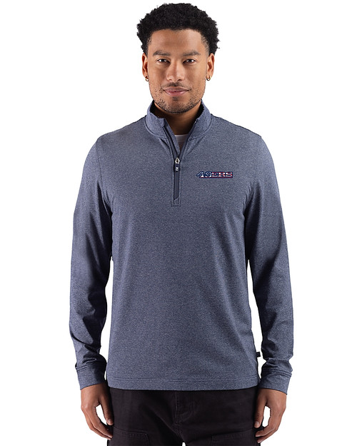 San Francisco 49ers Americana Cutter & Buck Adapt Recycled Soft Knit Stripe Mens Big & Tall Quarter Zip Pullover Navy Blue Heather Front