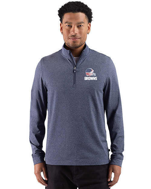 Cleveland Browns Americana Cutter & Buck Adapt Recycled Soft Knit Stripe Mens Big & Tall Quarter Zip Pullover Navy Blue Heather Front
