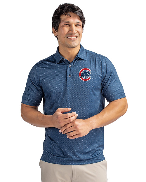 Chicago Cubs Cutter & Buck Pike Double Dot Print Stretch Mens Big and Tall Polo Liberty Navy Front