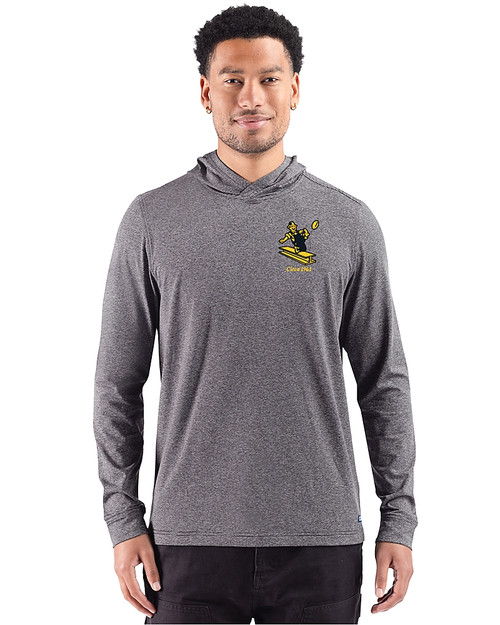 Pittsburgh Steelers Historic Cutter & Buck Adapt Recycled Soft Knit Stripe Mens Hooded Pullover Black Heather Front