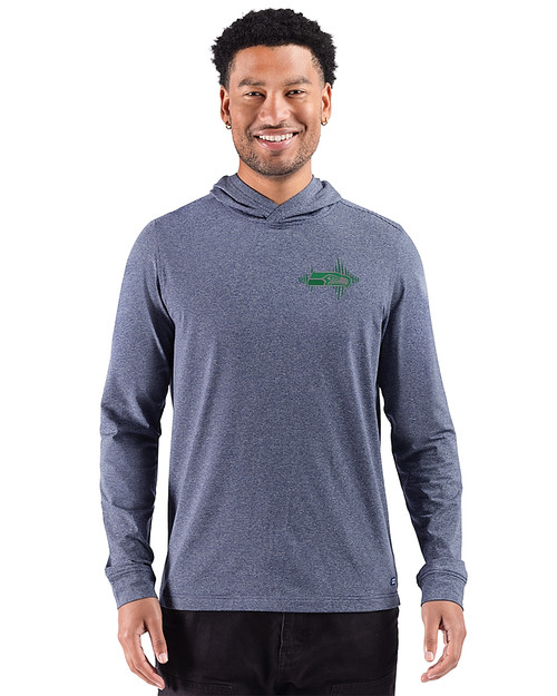 Seattle Seahawks Rivalries Cutter & Buck Adapt Recycled Soft Knit Stripe Mens Hooded Pullover Navy Blue Heather Front