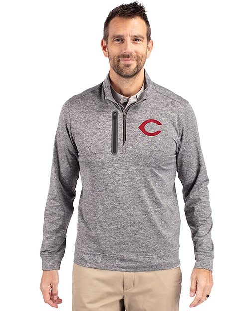 Cincinnati Reds Cutter & Buck Stealth Heathered Mens Big and Tall  Quarter Zip Pullover Elemental Grey Front