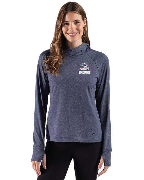 Cleveland Browns Americana Cutter & Buck Adapt Recycled Soft Knit Stripe Womens Hooded Pullover Navy Blue Heather Front