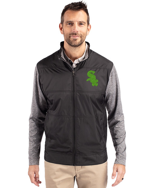 Chicago White Sox Cutter & Buck Stealth Hybrid Quilted Mens Big and Tall Full Zip Windbreaker Jacket Black Front