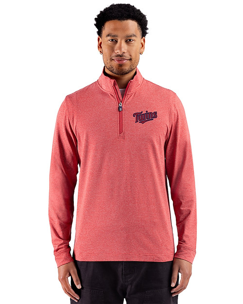 Minnesota Twins Cooperstown 91���� Adapt Recycled Soft Knit Stripe Mens Quarter Zip Pullover Cardinal Red Heather Front