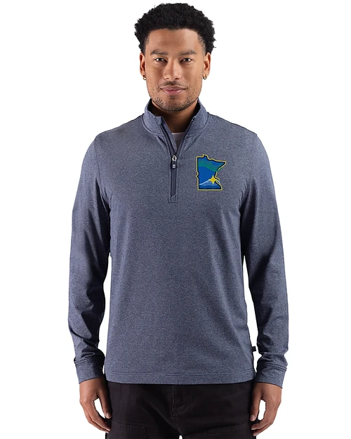 Minnesota Twins City Connect 91���� Adapt Recycled Soft Knit Stripe Mens Quarter Zip Pullover Navy Blue Heather Front