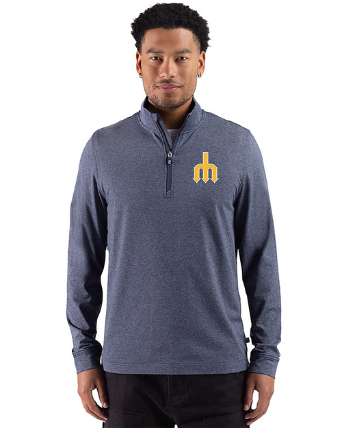 Seattle Mariners Cooperstown 91���� Adapt Recycled Soft Knit Stripe Mens Quarter Zip Pullover Navy Blue Heather Front