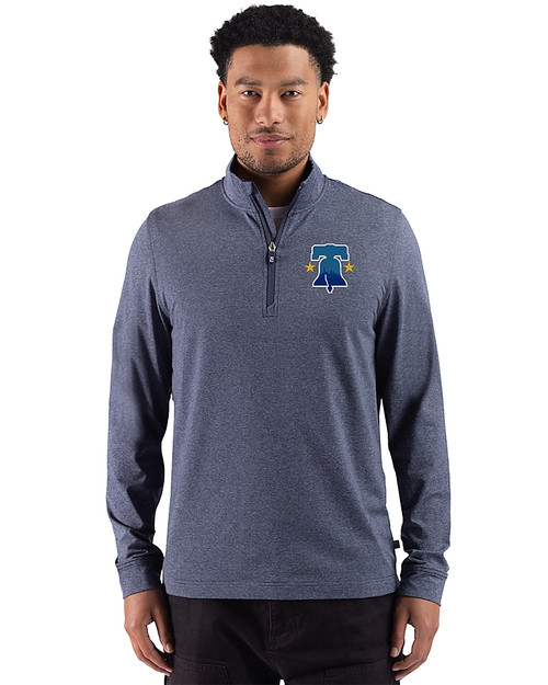 Philadelphia Phillies City Connect 91���� Adapt Recycled Soft Knit Stripe Mens Quarter Zip Pullover Navy Blue Heather Front