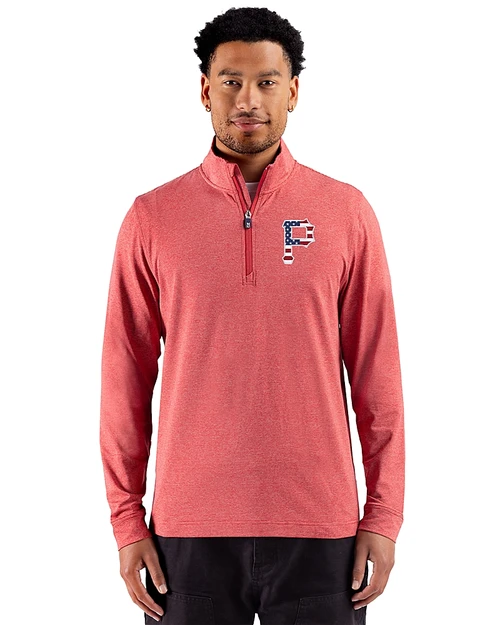 Pittsburgh Pirates Stars & Stripes 91���� Adapt Recycled Soft Knit Stripe Mens Quarter Zip Pullover Cardinal Red Heather Front