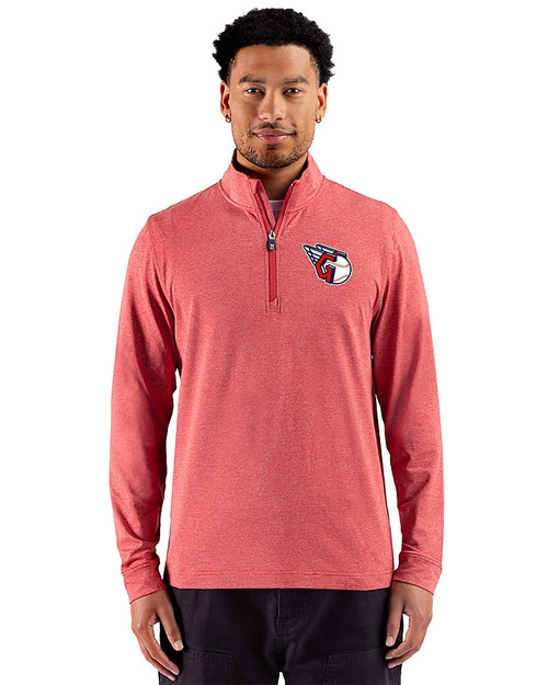 Cleveland Guardians 91���� Adapt Recycled Soft Knit Stripe Mens Quarter Zip Pullover Cardinal Red Heather Front