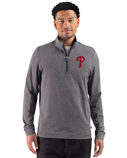 Philadelphia Phillies 91���� Adapt Recycled Soft Knit Stripe Mens Big & Tall Quarter Zip Pullover Black Heather Front