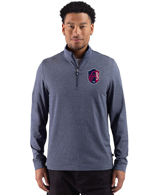 St. Louis City SC Cutter & Buck Adapt Recycled Soft Knit Stripe Mens Quarter Zip Pullover  Navy Blue Heather Front