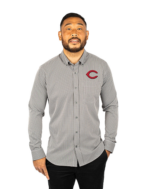 Cincinnati Reds Cutter & Buck Versatech Multi Check Stretch Mens Big and Tall Long Sleeve Dress Shirt Black Front