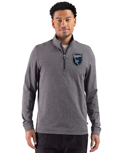 San Jose Earthquakes 91���� Adapt Recycled Soft Knit Stripe Mens Big & Tall Quarter Zip Pullover Black Heather Front