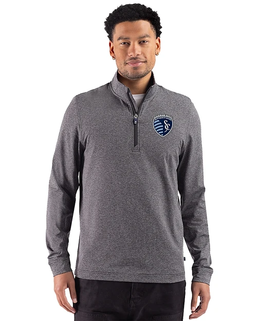 Sporting Kansas City 91���� Adapt Recycled Soft Knit Stripe Mens Big & Tall Quarter Zip Pullover Black Heather Front