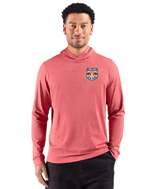 New York Red Bulls 91���� Adapt Recycled Soft Knit Stripe Mens Hooded Pullover Cardinal Red Heather Front