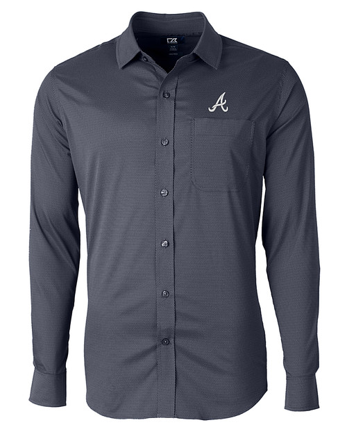 Atlanta Braves Cutter & Buck Versatech Geo Dobby Stretch Mens Big and Tall Long Sleeve Dress Shirt Liberty Navy Mannequin