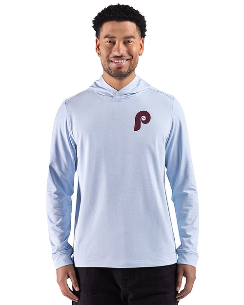 Philadelphia Phillies Cooperstown Cutter & Buck Adapt Recycled Soft Knit Stripe Mens Big & Tall Hooded Pullover Atlas Heather/White Front