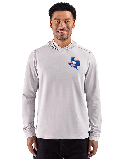 Texas Rangers Cooperstown Cutter & Buck Adapt Recycled Soft Knit Stripe Mens Big & Tall Hooded Pullover Polished Heather/White Front