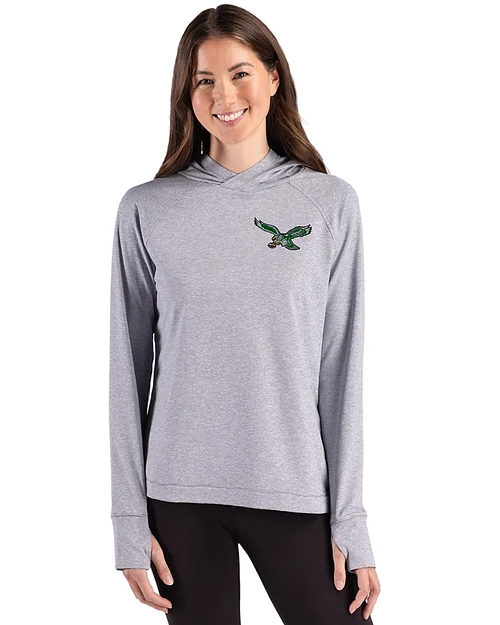 Philadelphia Eagles Historic -  Cutter & Buck Adapt Recycled Soft Knit Stripe Womens Hooded Pullover Black Heather/White Front