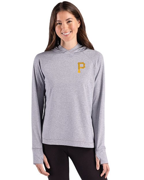 Pittsburgh Pirates Cutter & Buck Adapt Recycled Soft Knit Stripe Womens Hooded Pullover Black Heather/White Front