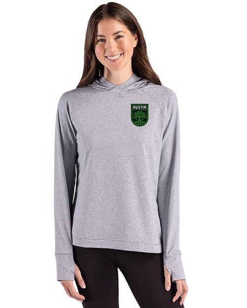 Austin FC - Cutter & Buck Adapt Recycled Soft Knit Stripe Womens Hooded Pullover Black Heather/White Front