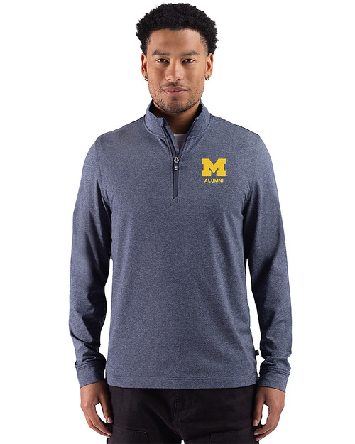 Michigan Wolverines Alumni Cutter & Buck Adapt Recycled Soft Knit Stripe Mens Quarter Zip Pullover  Navy Blue Heather Front